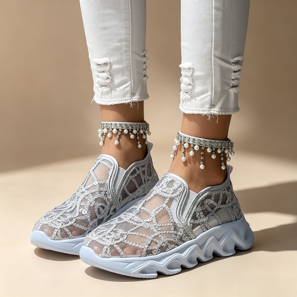 Women's sequin lace-mesh slip-on sneakers