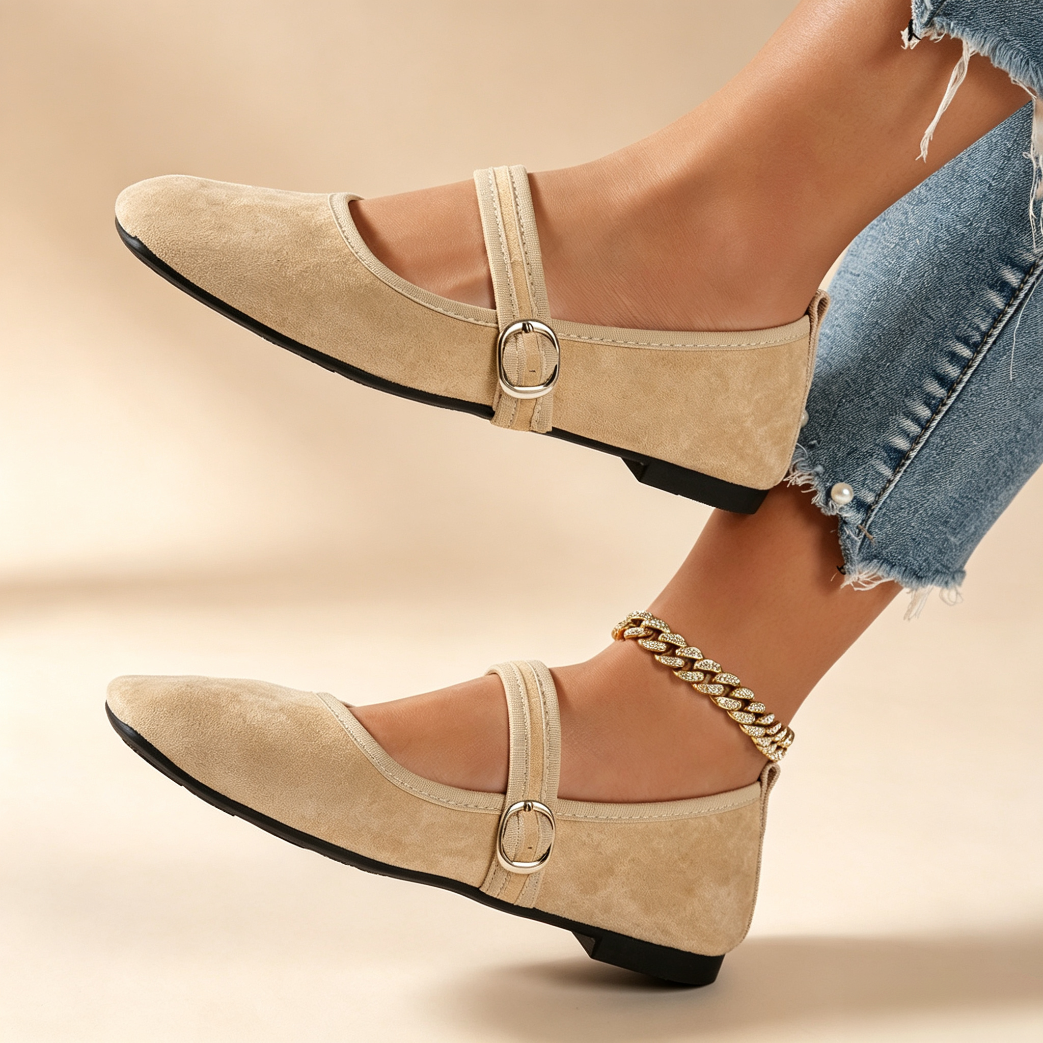 Women's Retro Square-Toe Suede Mary Jane Flats with Adjustable Single Strap