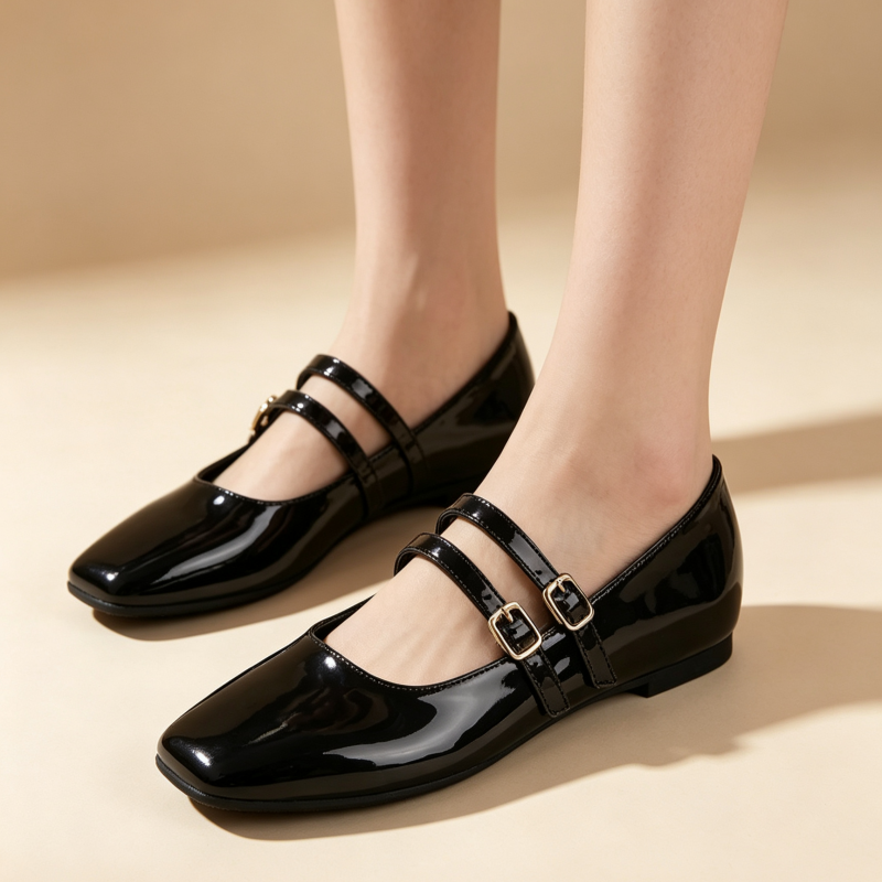 Vintage French Square Toe Patent Leather Mary Jane Flats for Women