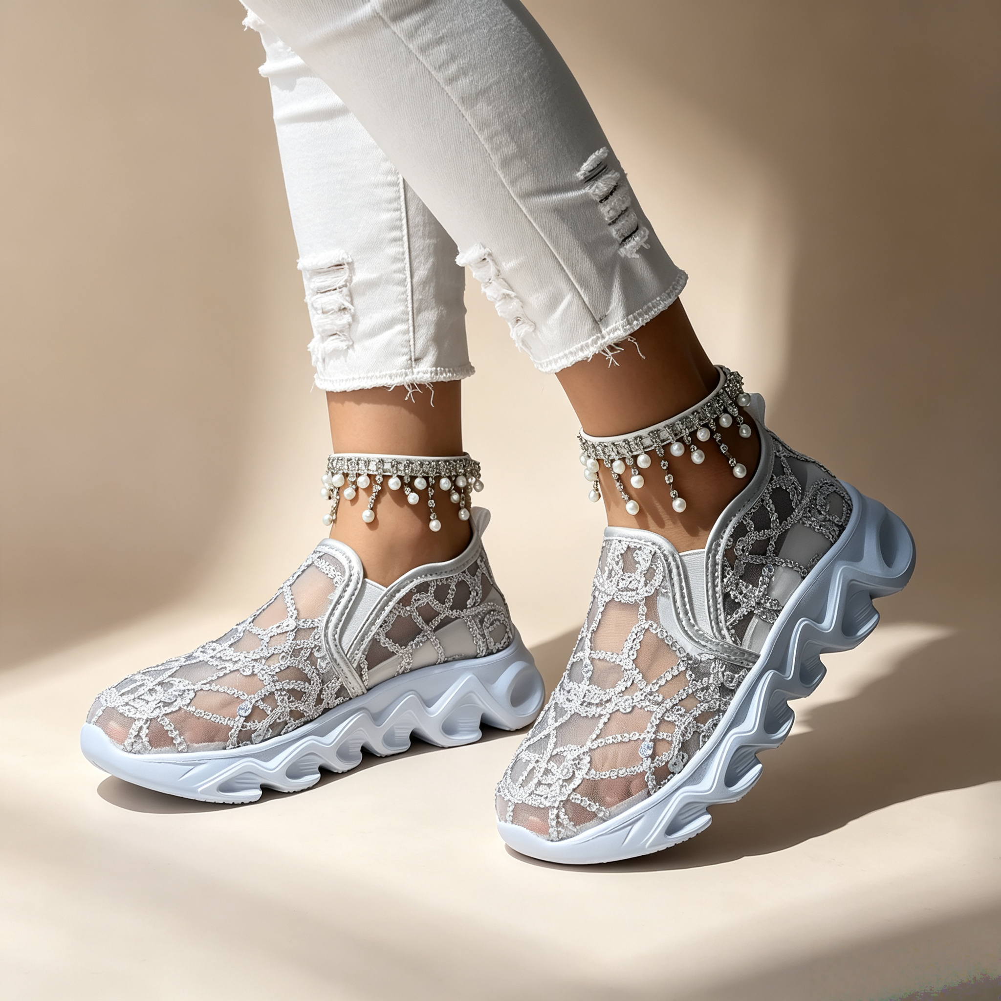 Women's sequin lace-mesh slip-on sneakers
