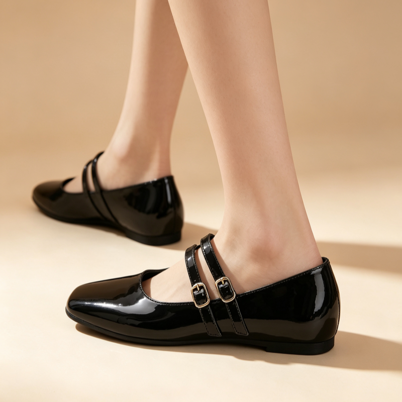 Vintage French Square Toe Patent Leather Mary Jane Flats for Women