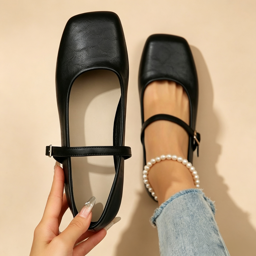 Women's Retro Square-Toe Mary Jane Flats with Single Ankle Strap