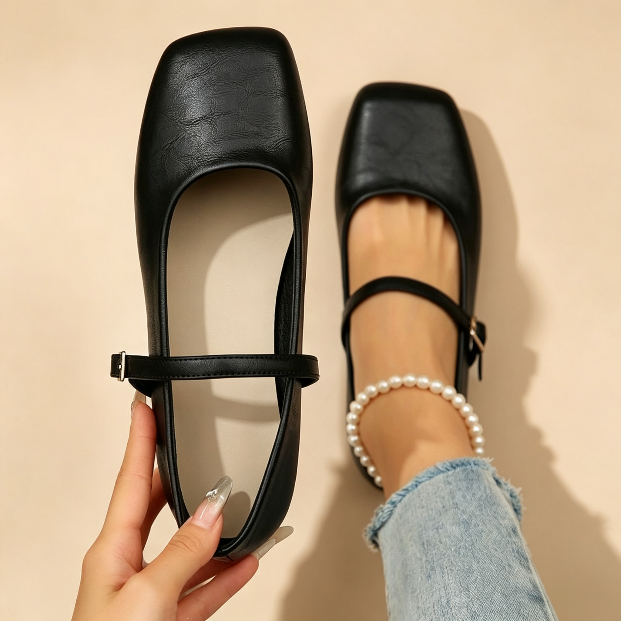 Women's Retro Square-Toe Mary Jane Flats with Single Ankle Strap