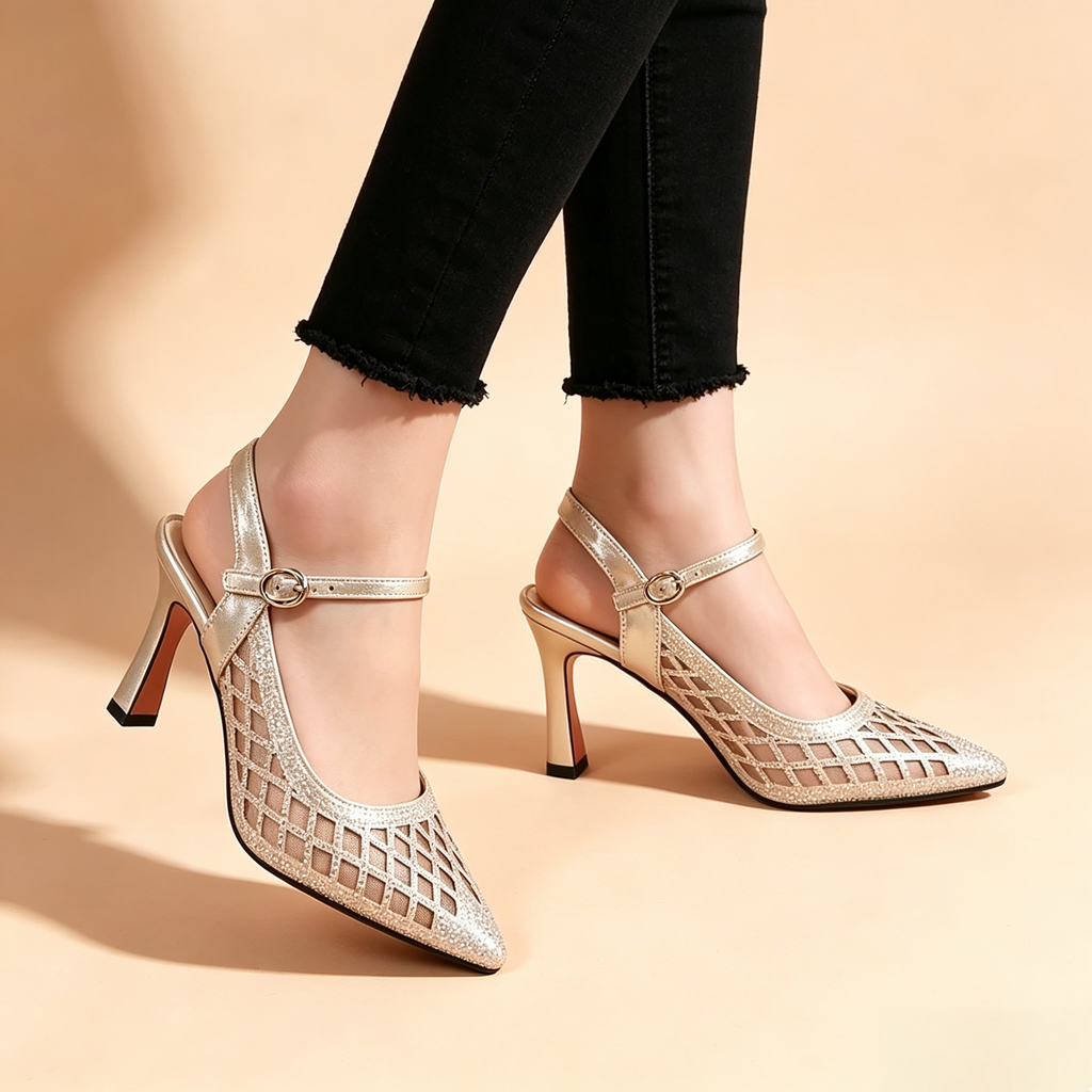 Women's Mesh Rhinestone Pointed-Toe High-Heel Sandals