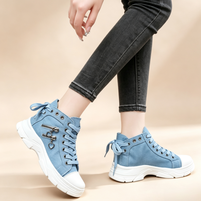 Women's Denim High-Top Platform Sneakers with Cute Heart-Shaped Zipper