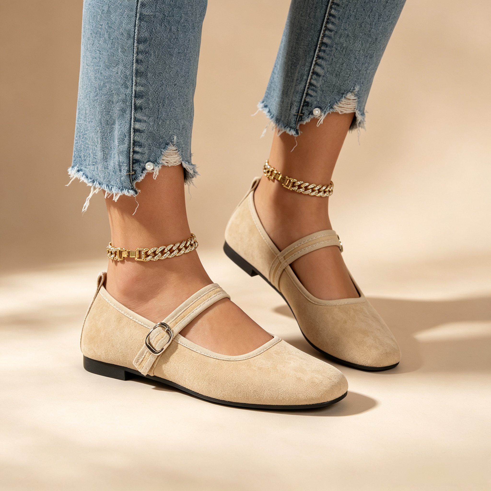 Women's Retro Square-Toe Suede Mary Jane Flats with Adjustable Single Strap