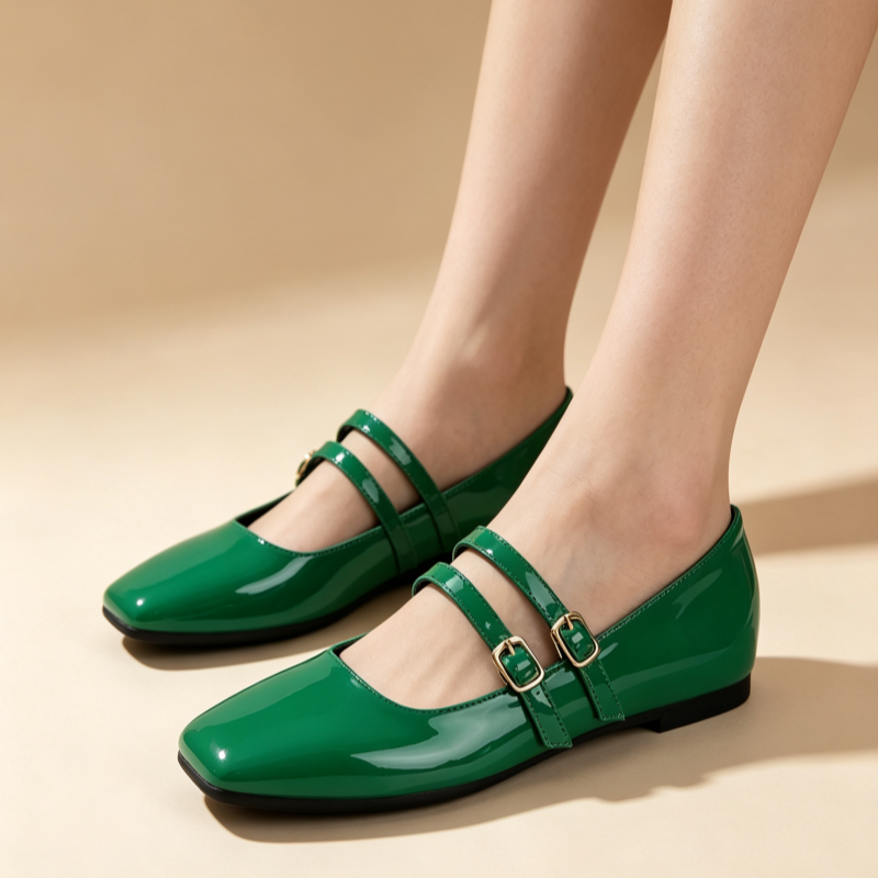 Vintage French Square Toe Patent Leather Mary Jane Flats for Women