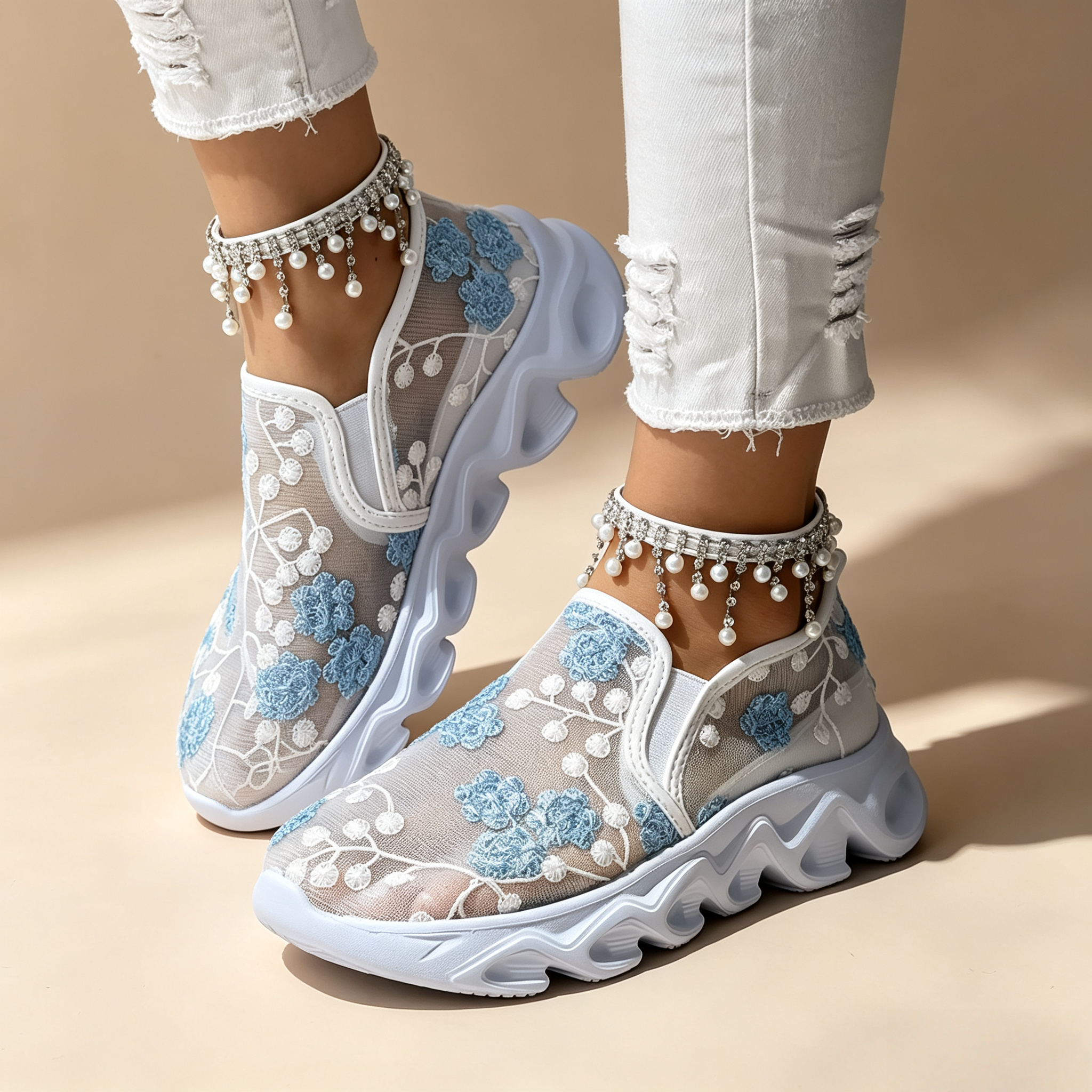 Women's sequin lace-mesh slip-on sneakers