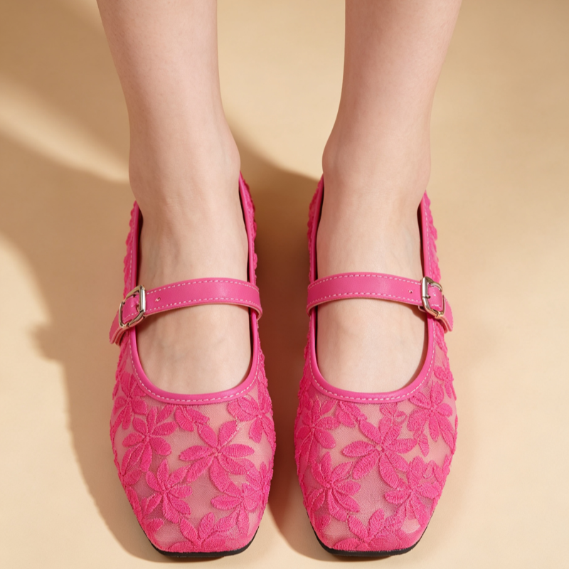 Women's Breathable Casual Mesh Mary Jane Flats with Floral Lace Embroidery