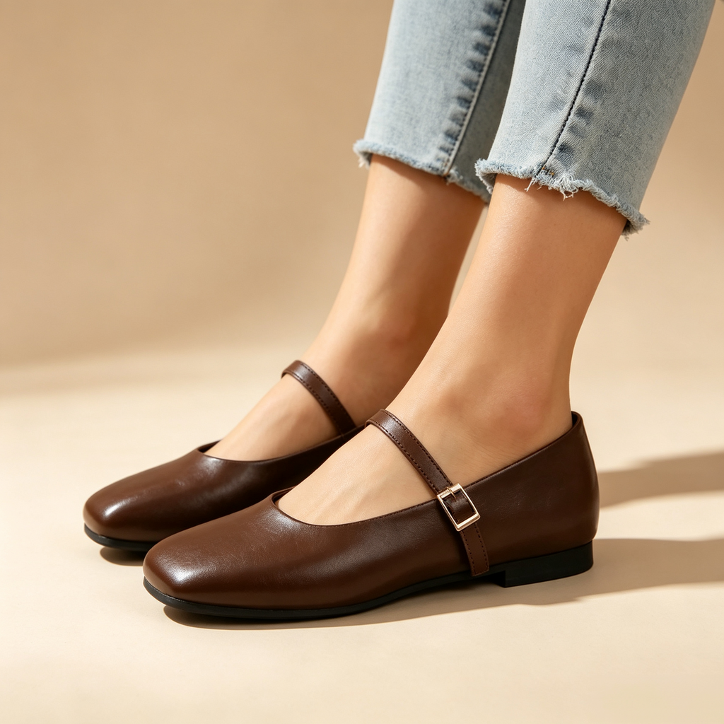 Women's Retro Square-Toe Mary Jane Flats with Single Ankle Strap