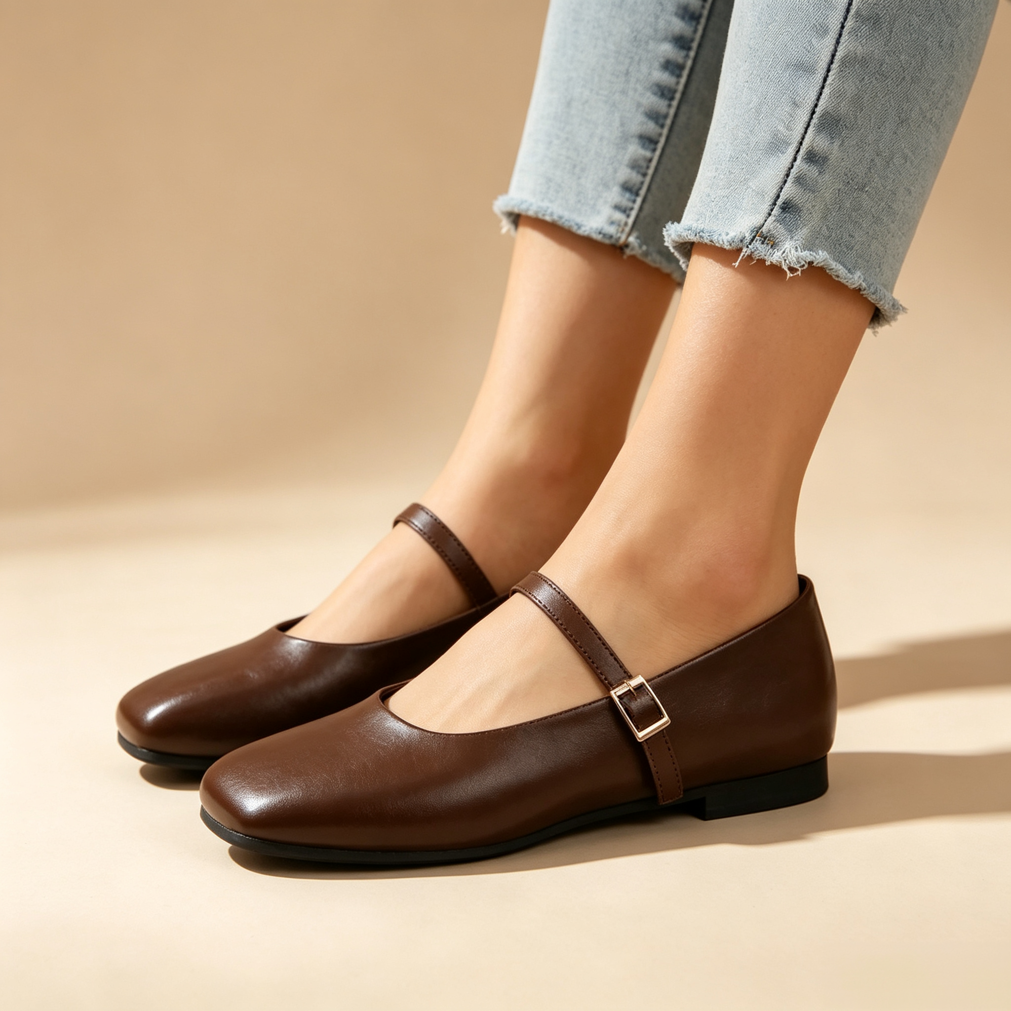 Women's Retro Square-Toe Mary Jane Flats with Single Ankle Strap