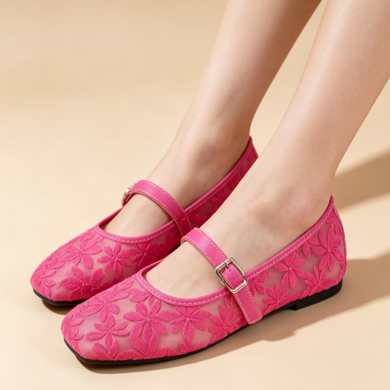 Women's Breathable Casual Mesh Mary Jane Flats with Floral Lace Embroidery