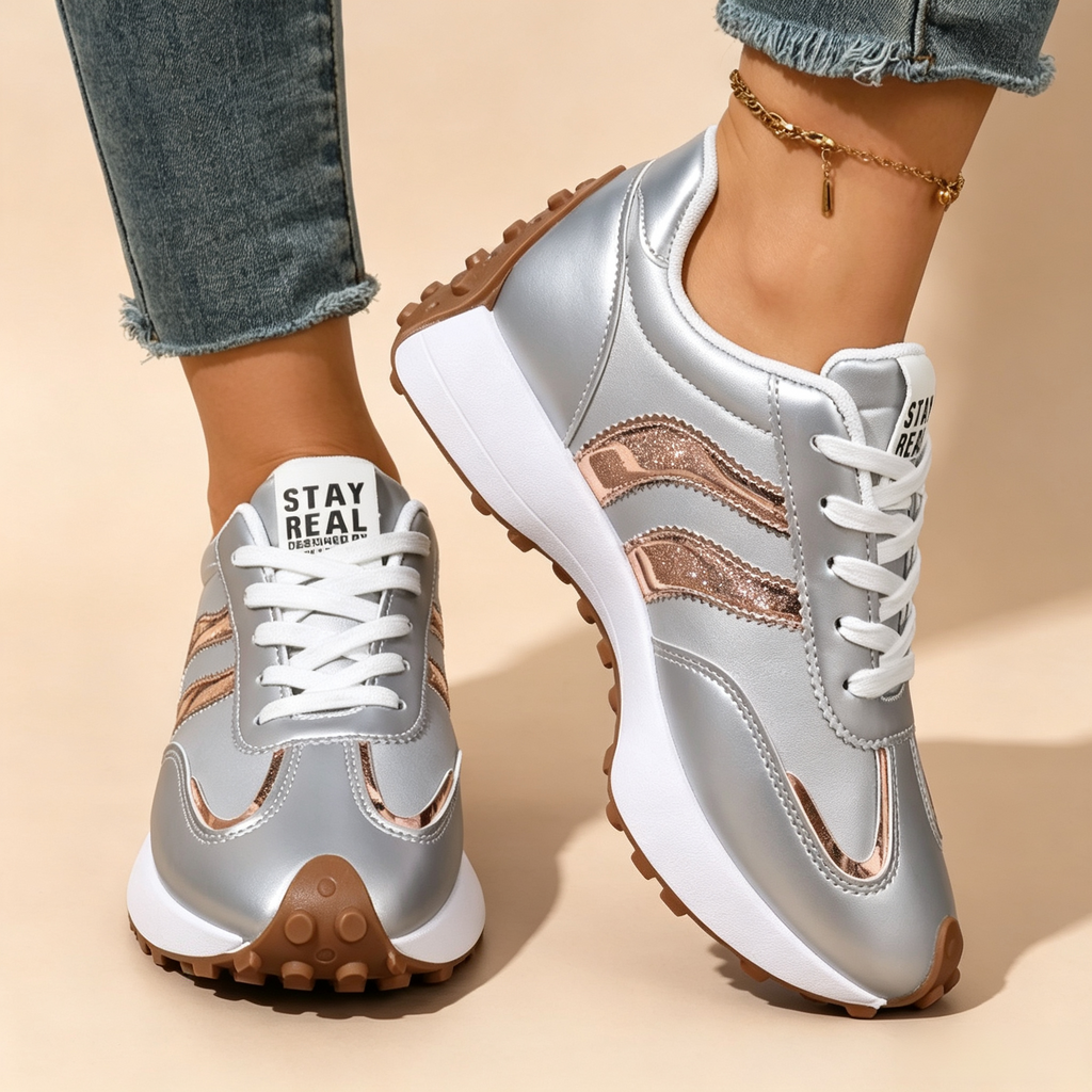 Women's Lightweight Casual Retro Striped Metallic Platform Sneakers