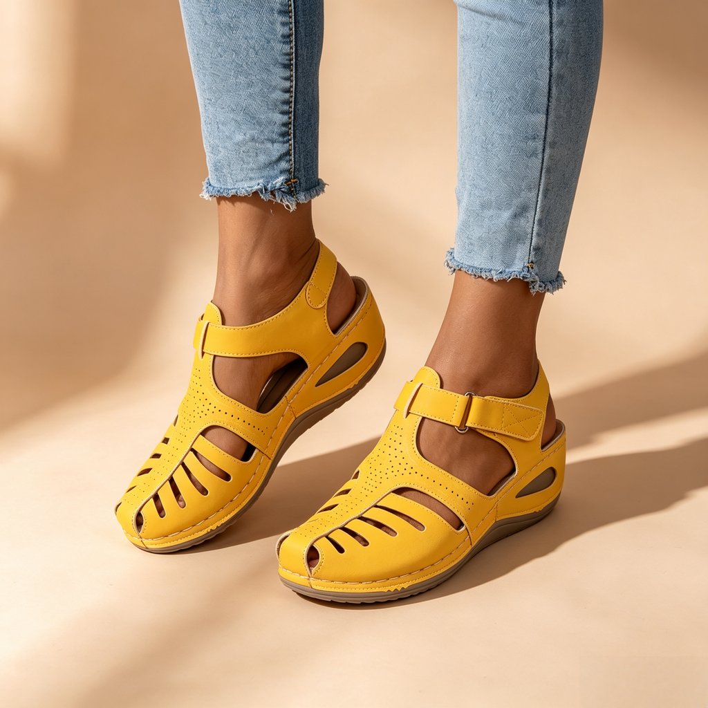 Women's Closed-Toe Cut-Out Wedge Sandals with Adjustable Hook-and-Loop Closure