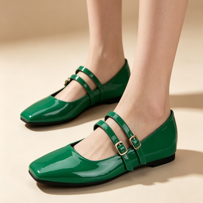 Vintage French Square Toe Patent Leather Mary Jane Flats for Women