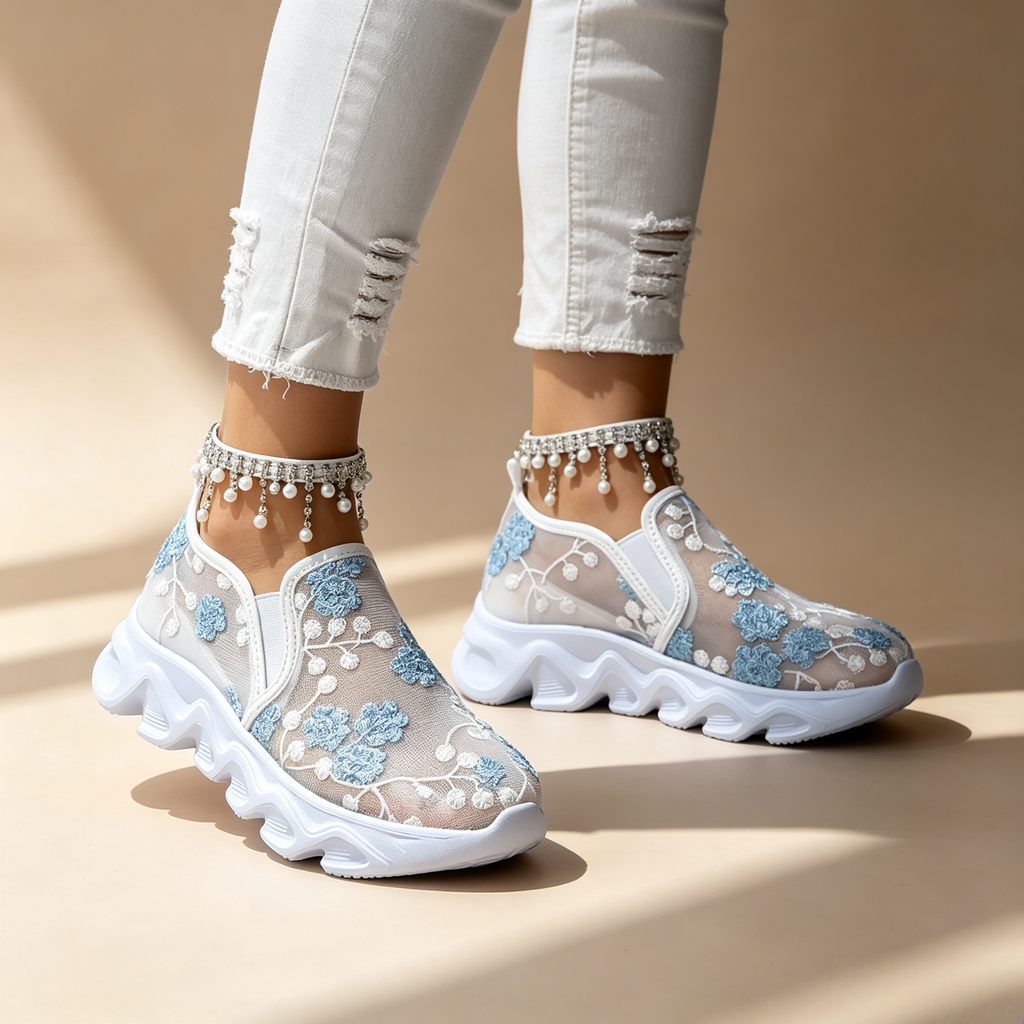 Women's sequin lace-mesh slip-on sneakers