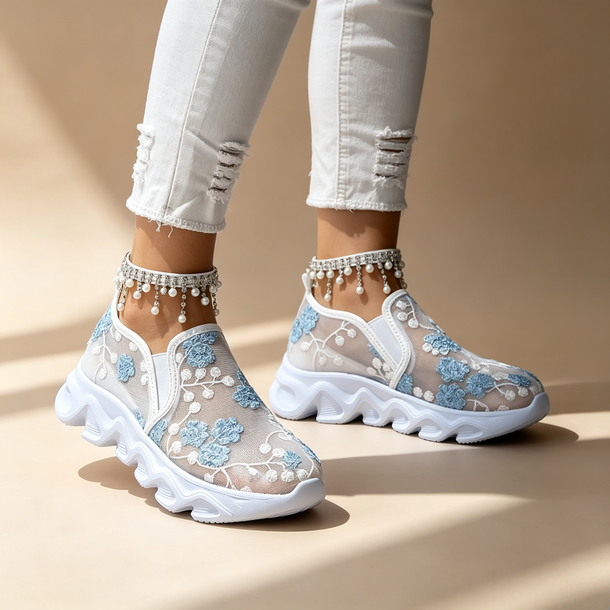 Women's sequin lace-mesh slip-on sneakers