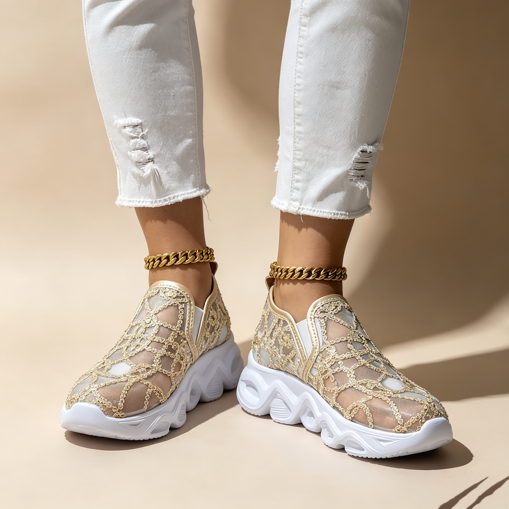 Women's sequin lace-mesh slip-on sneakers