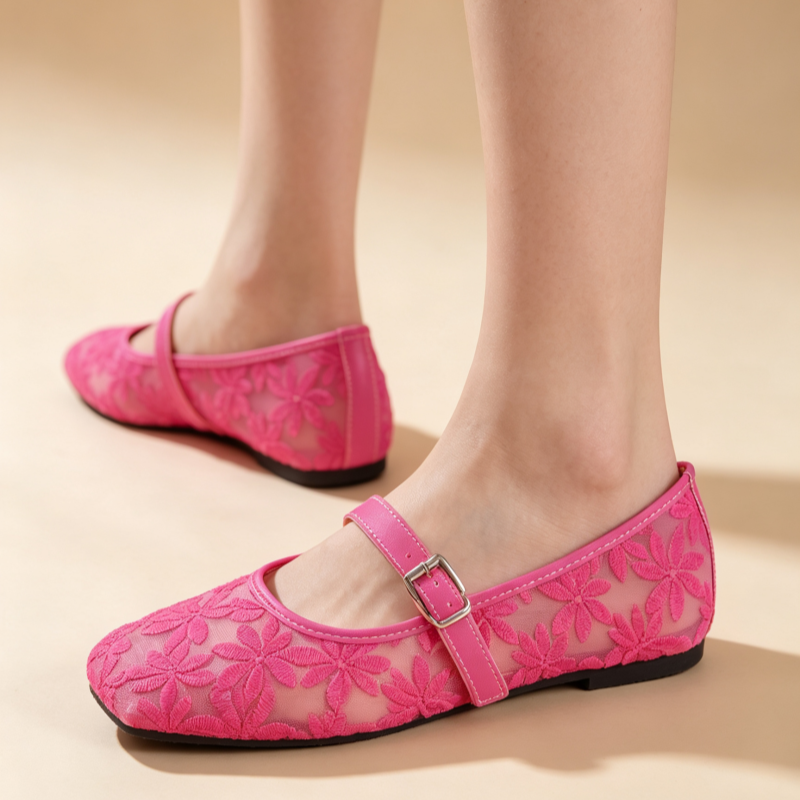 Women's Breathable Casual Mesh Mary Jane Flats with Floral Lace Embroidery