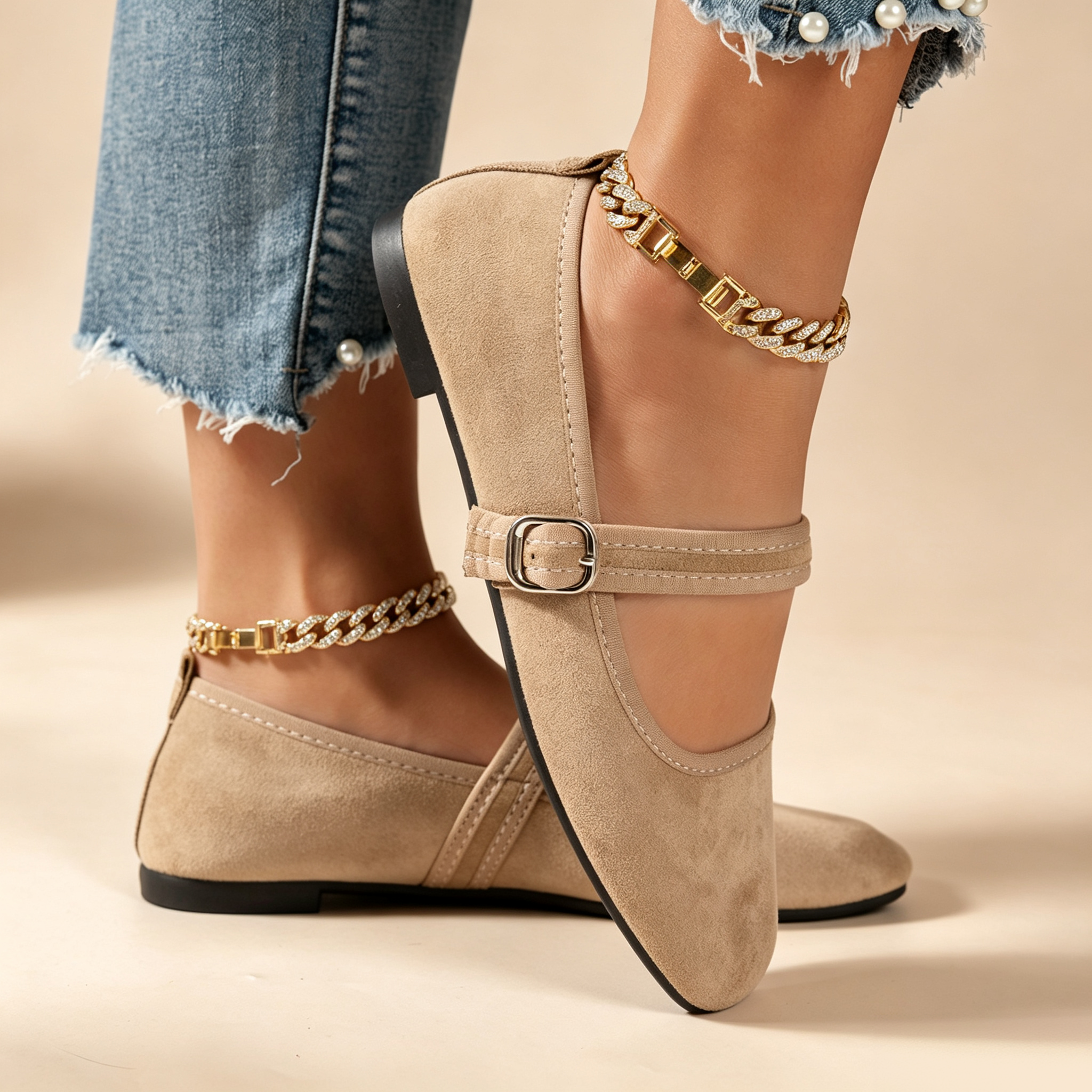 Women's Retro Square-Toe Suede Mary Jane Flats with Adjustable Single Strap