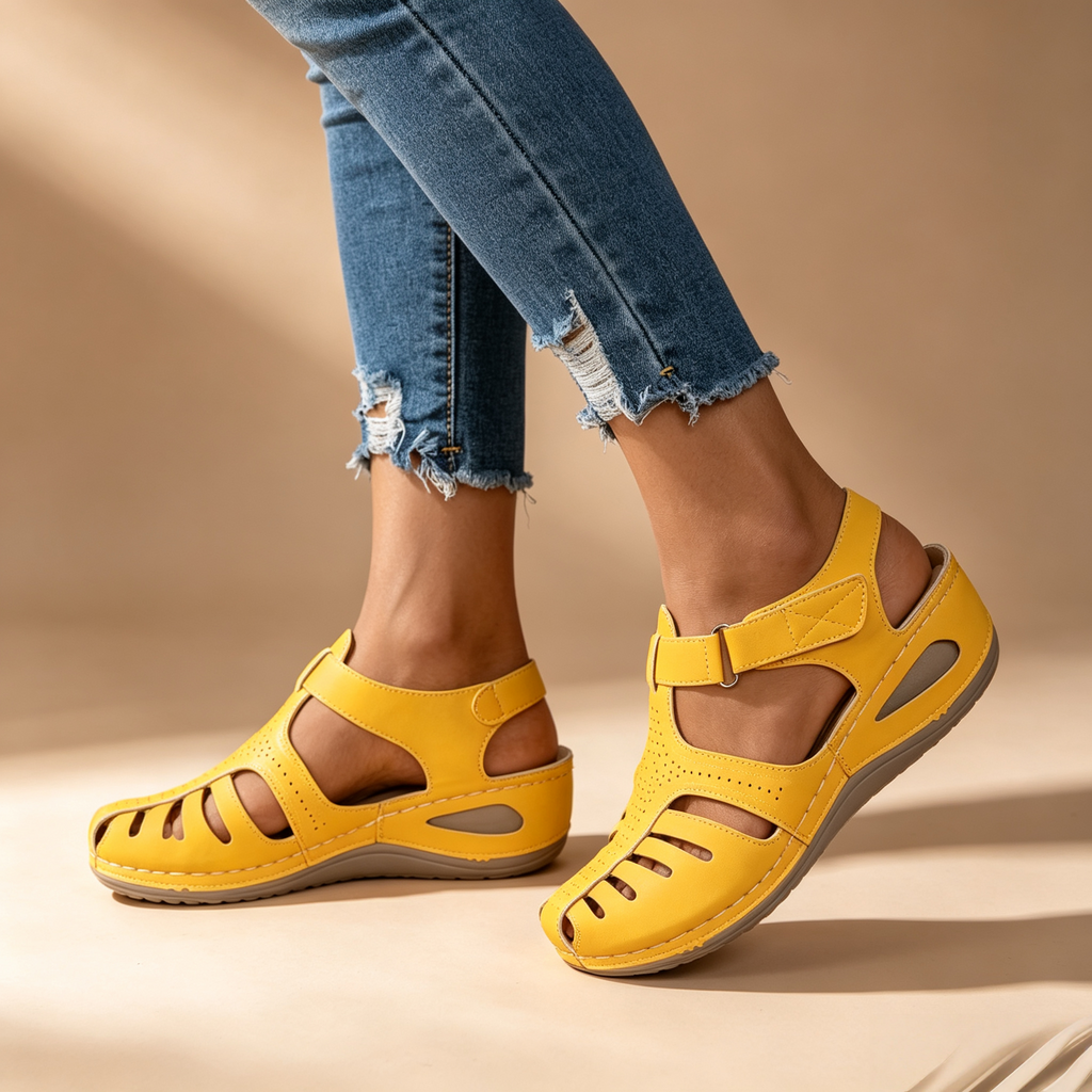 Women's Closed-Toe Cut-Out Wedge Sandals with Adjustable Hook-and-Loop Closure