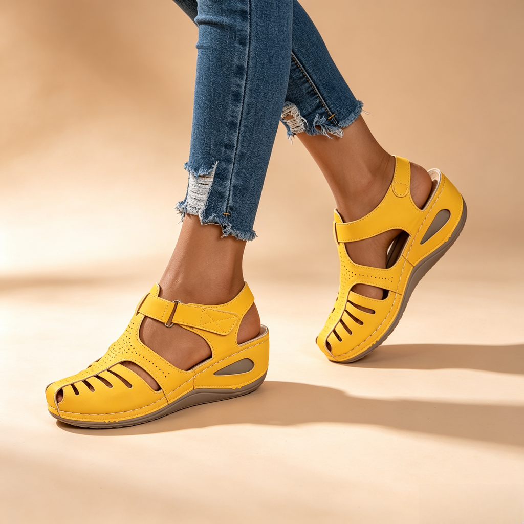 Women's Closed-Toe Cut-Out Wedge Sandals with Adjustable Hook-and-Loop Closure
