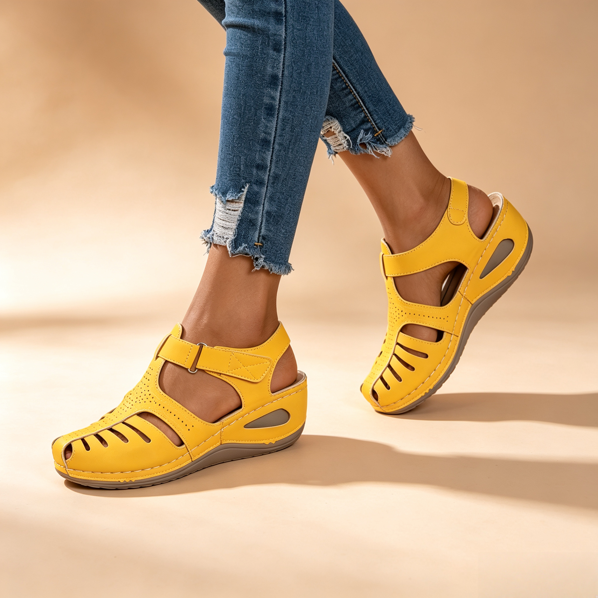 Women's Closed-Toe Cut-Out Wedge Sandals with Adjustable Hook-and-Loop Closure