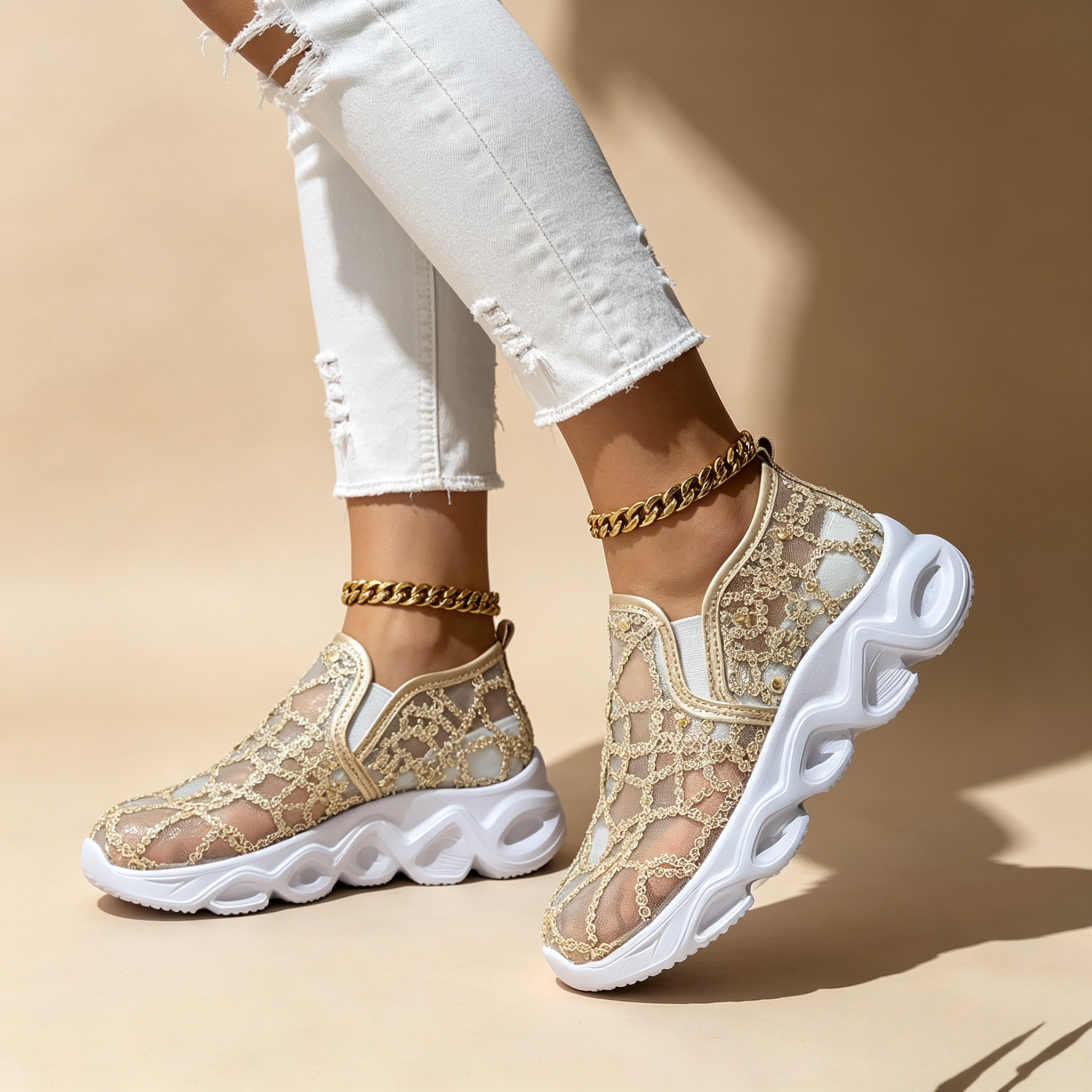 Women's sequin lace-mesh slip-on sneakers