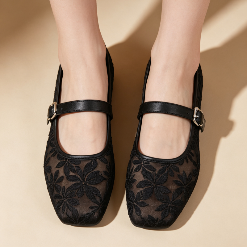 Women's Breathable Casual Mesh Mary Jane Flats with Floral Lace Embroidery