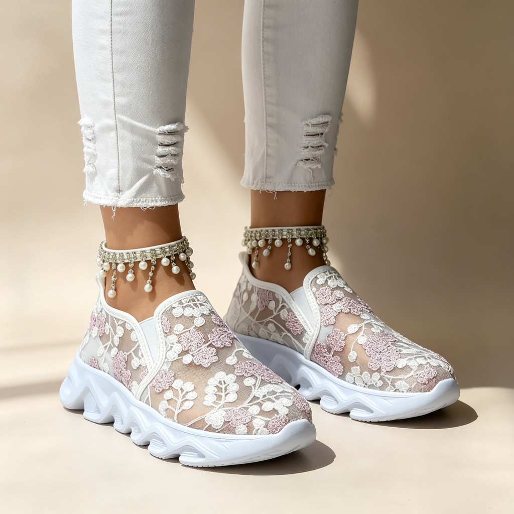 Women's sequin lace-mesh slip-on sneakers