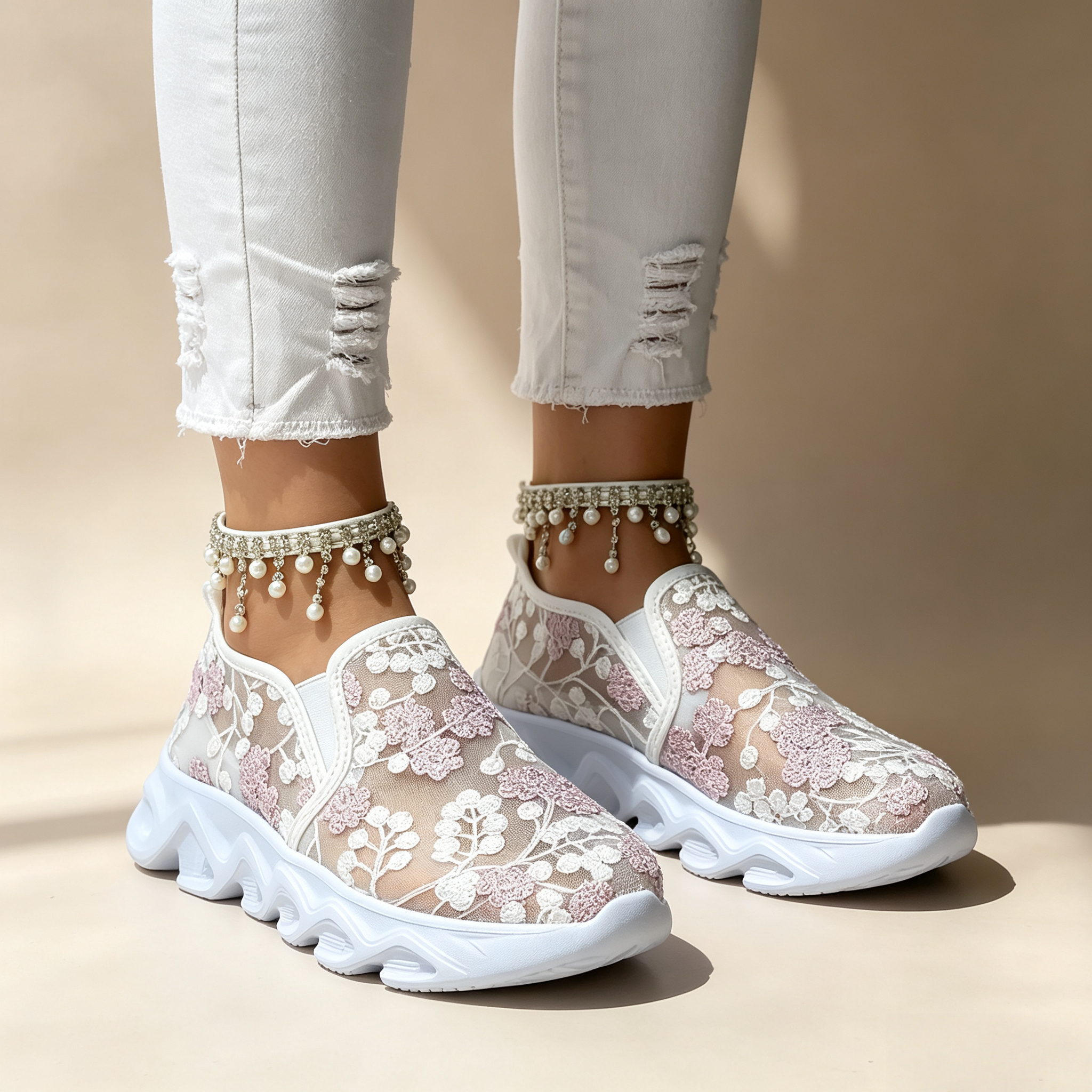 Women's sequin lace-mesh slip-on sneakers