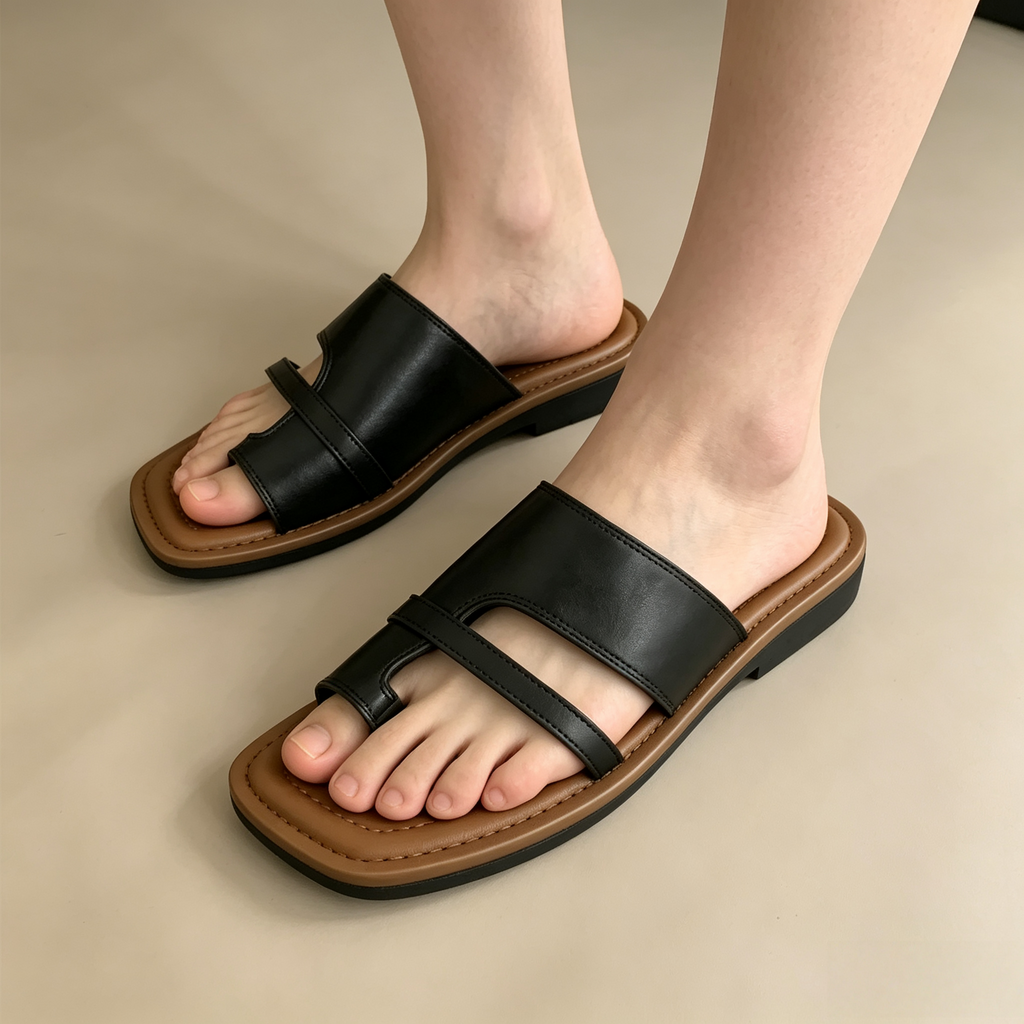 Women's Square-Toe Toe-Ring Flat Slides