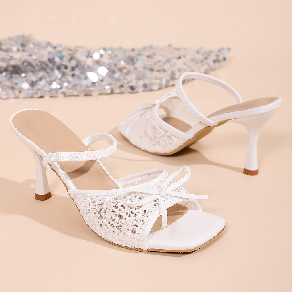 Women's Lace Bow Knot Open Toe Kitten Heel Mule Sandals – Elegant Slip-On Dress Heels