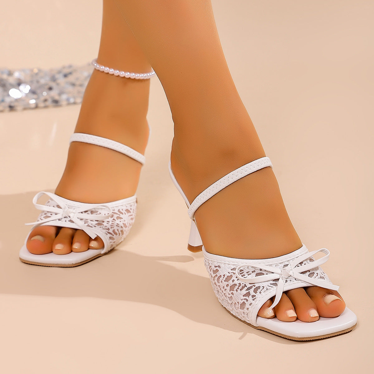 Women's Lace Bow Knot Open Toe Kitten Heel Mule Sandals – Elegant Slip-On Dress Heels