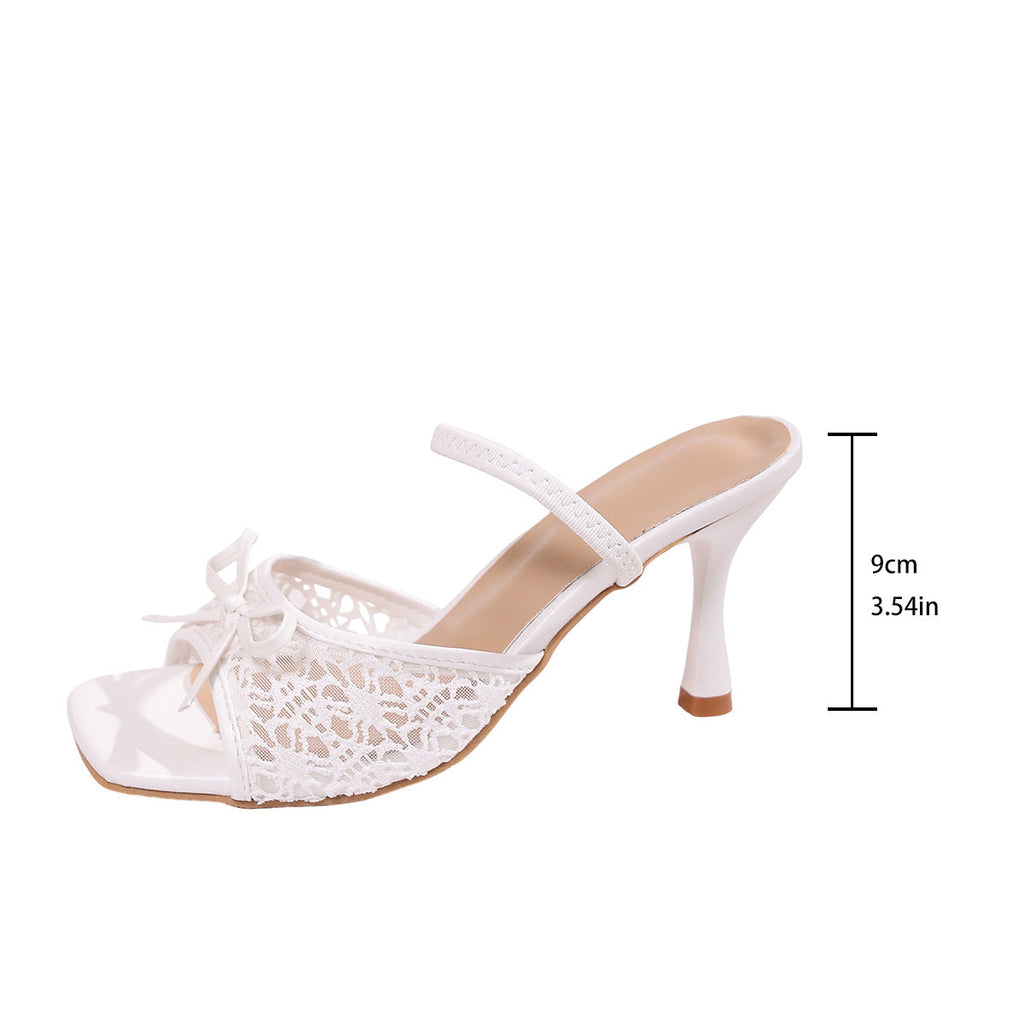 Women's Lace Bow Knot Open Toe Kitten Heel Mule Sandals – Elegant Slip-On Dress Heels