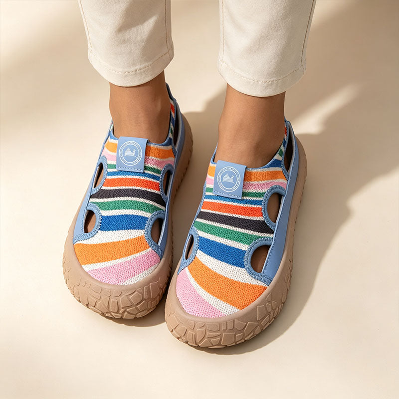 Striped, hollowed-out, platform slip-on sneakers