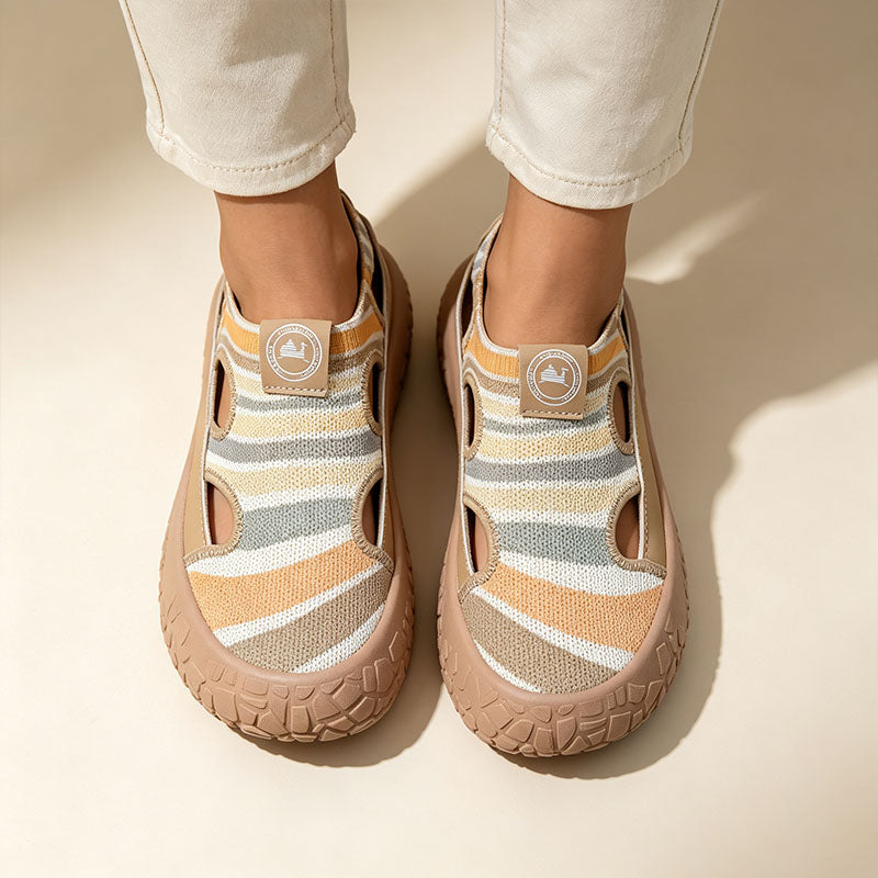 Striped, hollowed-out, platform slip-on sneakers