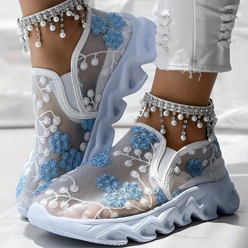 Women's sequin lace-mesh slip-on sneakers