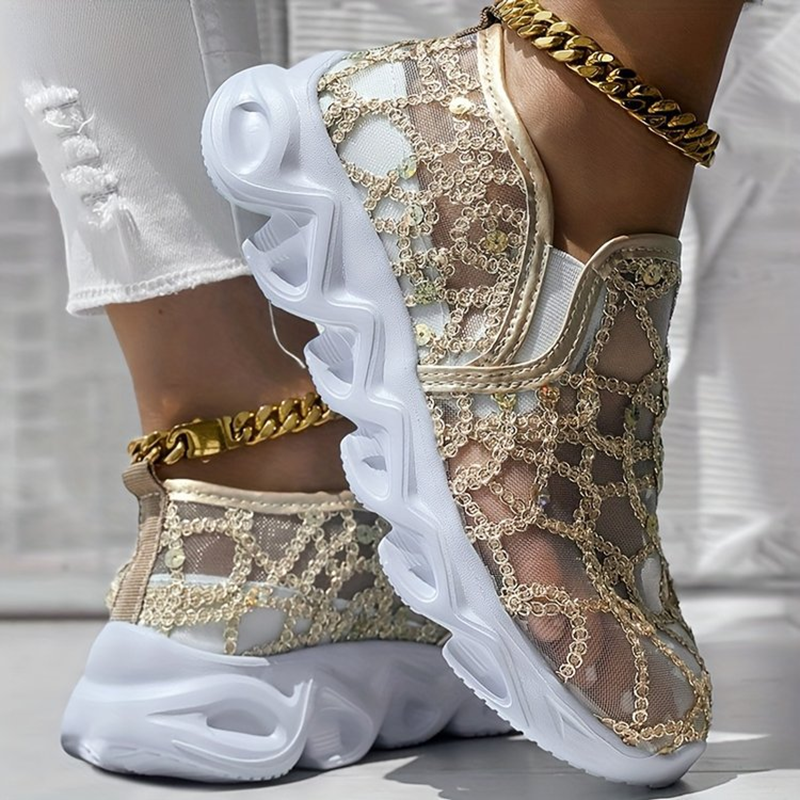 Women's sequin lace-mesh slip-on sneakers