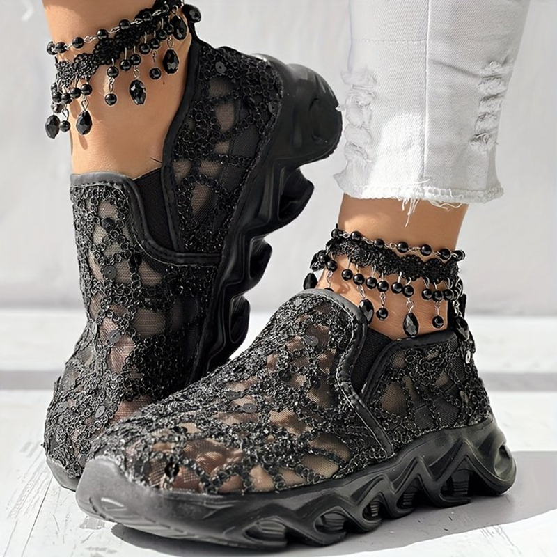 Women's sequin lace-mesh slip-on sneakers