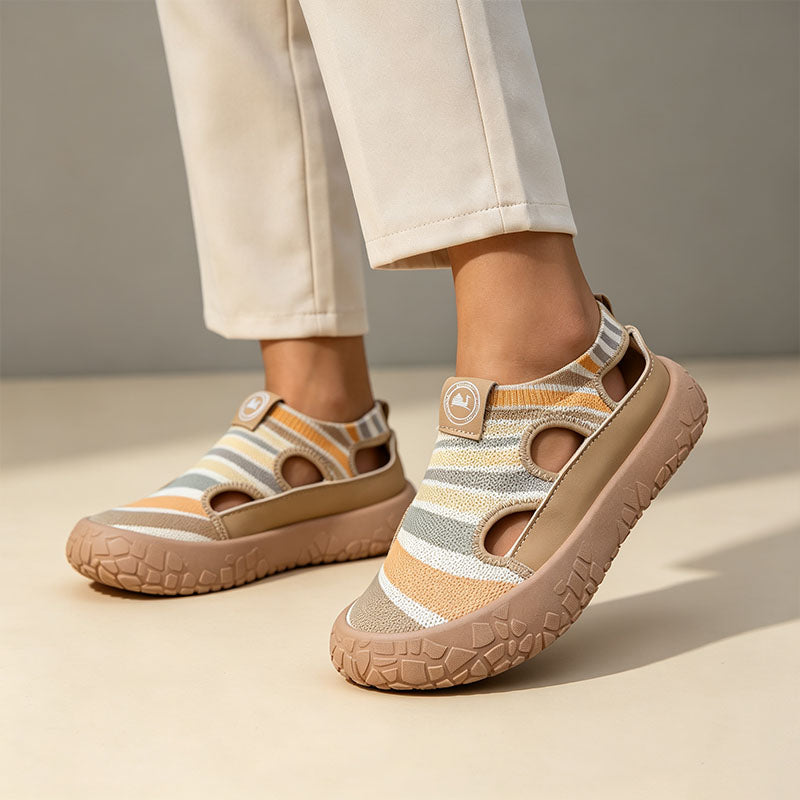 Striped, hollowed-out, platform slip-on sneakers