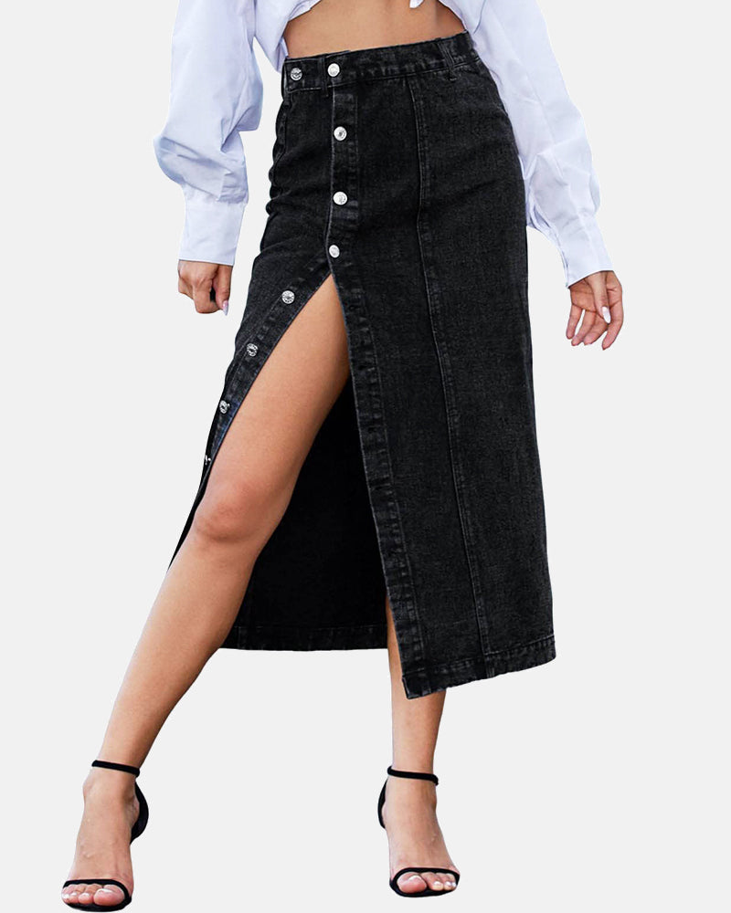 The All-Seasons High Waisted Button Front Denim Skirt