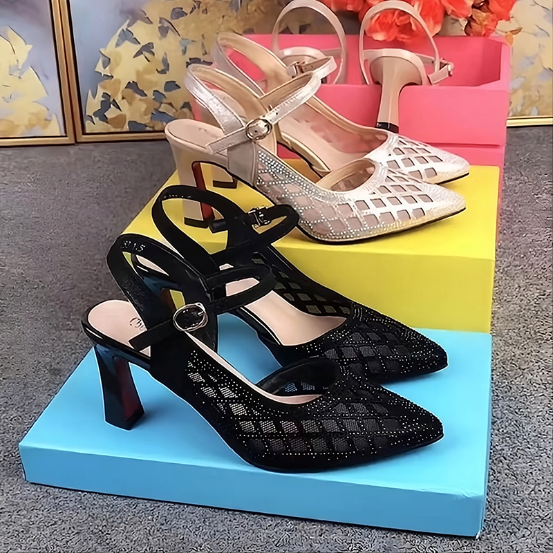 Women's Mesh Rhinestone Pointed-Toe High-Heel Sandals